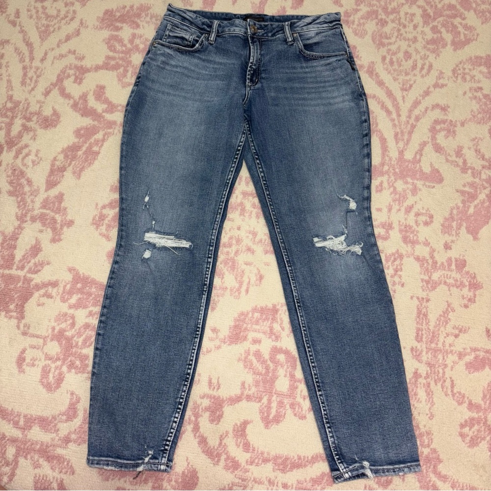 Silver Jeans Distressed Mid-Rise Boyfriend Blue Jeans Women’s 30W 29L - Picture 2 of 15
